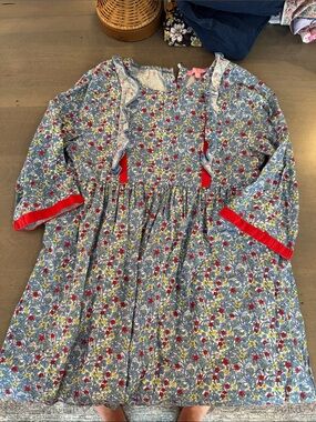 Girls' Blue Floral Ruffle Dress with Red Trim